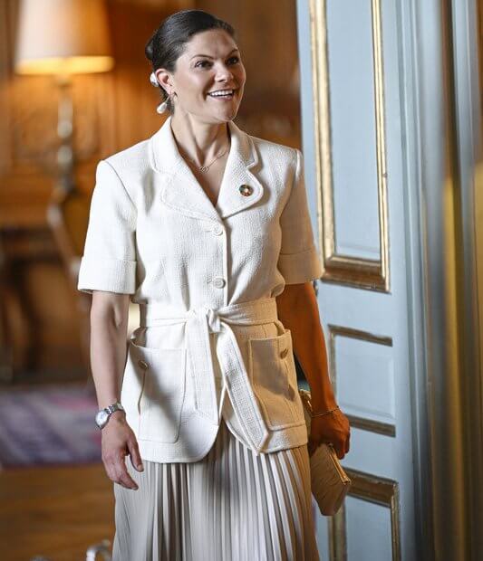 Crown Princess Victoria wore a new belted short sleeve blazer by Sandro. Sandro Truman Belted Short Sleeve Jacket.