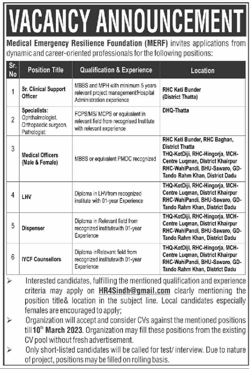 Medical Emergency Resilience Foundation Jobs 2023