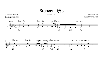 Bienvenid@s Canción de Presentación en Clases de Música de Ainhoa Beristain Partituras de Voz, Acompañamiento de Piano, Pequeña Percusión (Claves, Pandero, Caja China...), Caja y Vídeo Tutorial en Forma Karaoke con Letra y Acordes