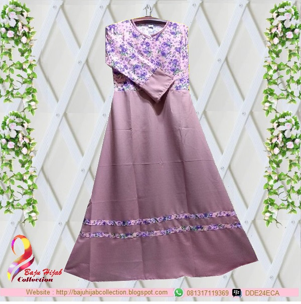 Gamis Ballotelly Kombi Katun Coklat Motif Bunga Warna Ungu