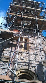 scaffolded Church tower