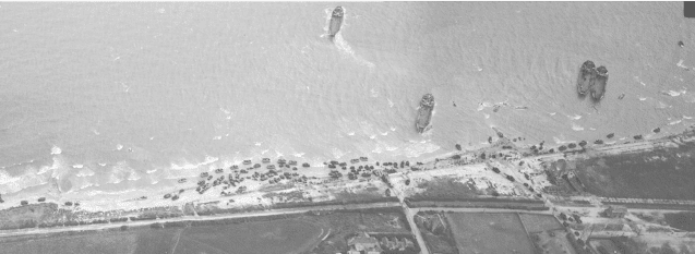 Vue aérienne du débarquement de Juno Beach à Bernières-sur-Mer
