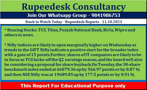 Stock to Watch Today - Rupeedesk Reports - 11.10.2023