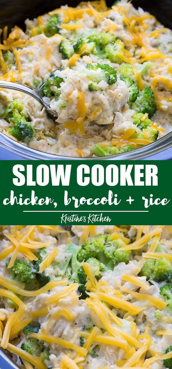 Easy Slow Cooker Chicken, Broccoli and Rice Casserole with cheese! Cheesy and creamy and made in the crock pot with healthy ingredients! One of our favorite easy recipes to make ahead, add this one to your list of crockpot meals! #crockpotrecipes #casserole #slowcookerrecipes #chickenrecipes