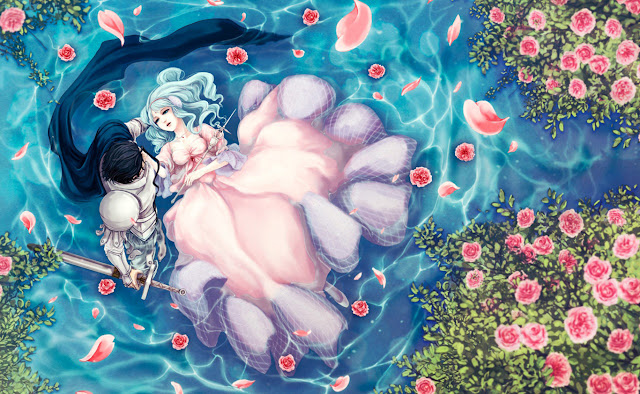    Knight Princess Laying Water Flower Petals Sword Armor Fantasy Girl Anime HD Wallpaper Desktop PC Background 1964