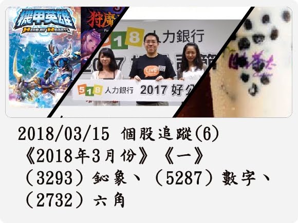 2018/03/15 個股追蹤(6)《2018年3月份》《一》（3293）鈊象、（5287）數字、（2732）六角