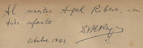 Dedicatoria de Dr. Rey a Àngel Ribera en su libro Cien Nuevas Partidas de Ajedrez, octubre de 1942