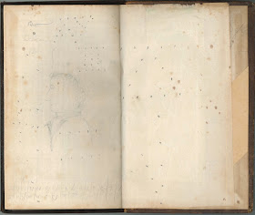 An open book. The visible pages are blank except for a series of dots. 