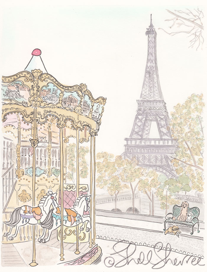 Paris French Carousel Trocadero illustration wall art print © Shell Sherree all rights reserved