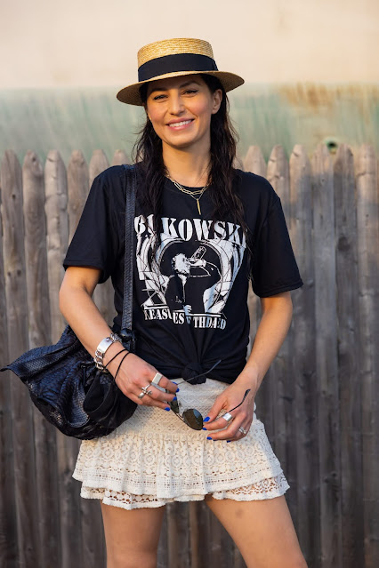 Meryl Franzos, boater hat outfit, Bukowski t-shirt