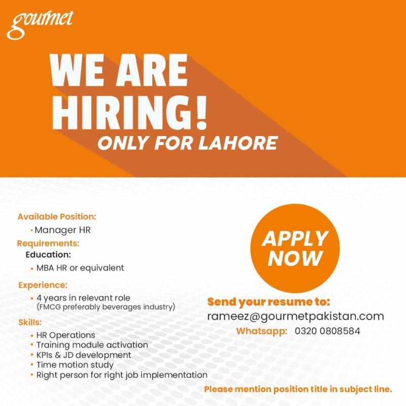 Gourmet Pakistan Jobs for HR Manager