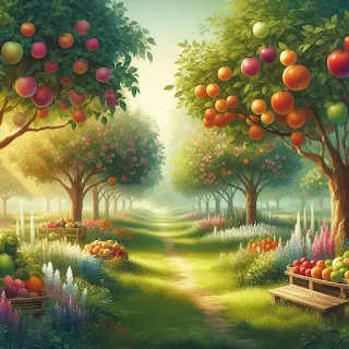The Picture shows a beautiful orchard with many different types of fruit trees
