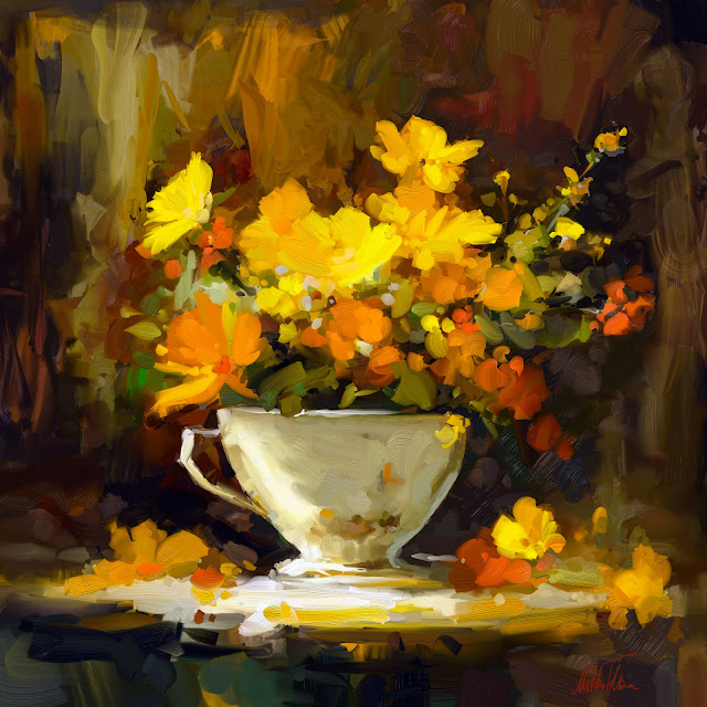 Cup of spring flowers digital oil painting by Mikko Tyllinen. beautiful stillife painitng