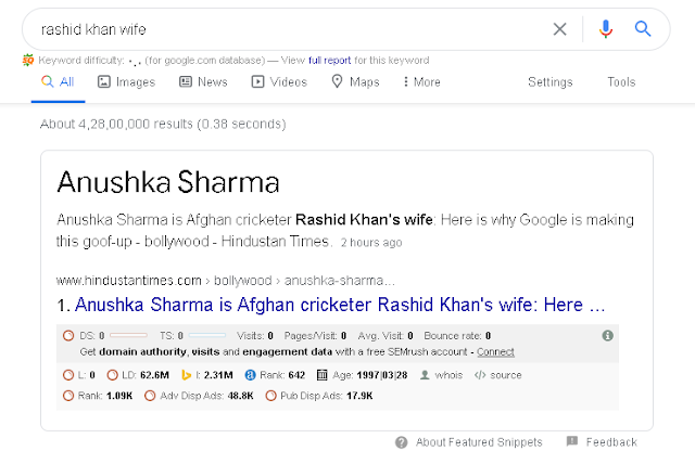 गूगल पर Rashid Khan Wife सर्च करने पर "Anushka Sharma" का नाम दिखा 