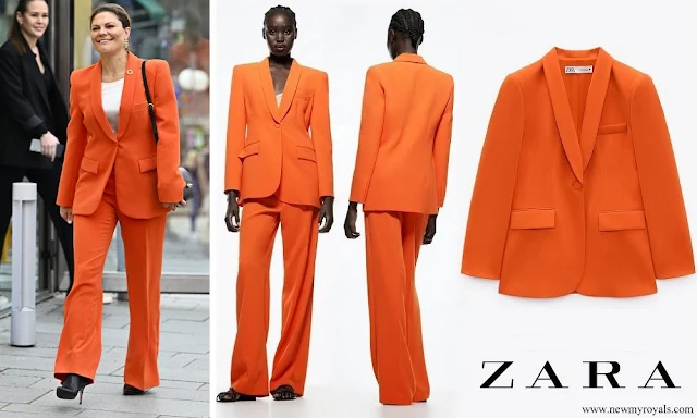 Crown Princess Victoria wore Zara Shawl Lapel Blazer Trousers in Orange