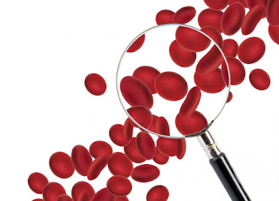 3D render of blood cells being examined with a magnifying glass.