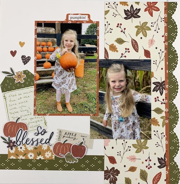 12x12 Fall Scrapbook Page Layout with photos of a autumn festival and pumpkin patch