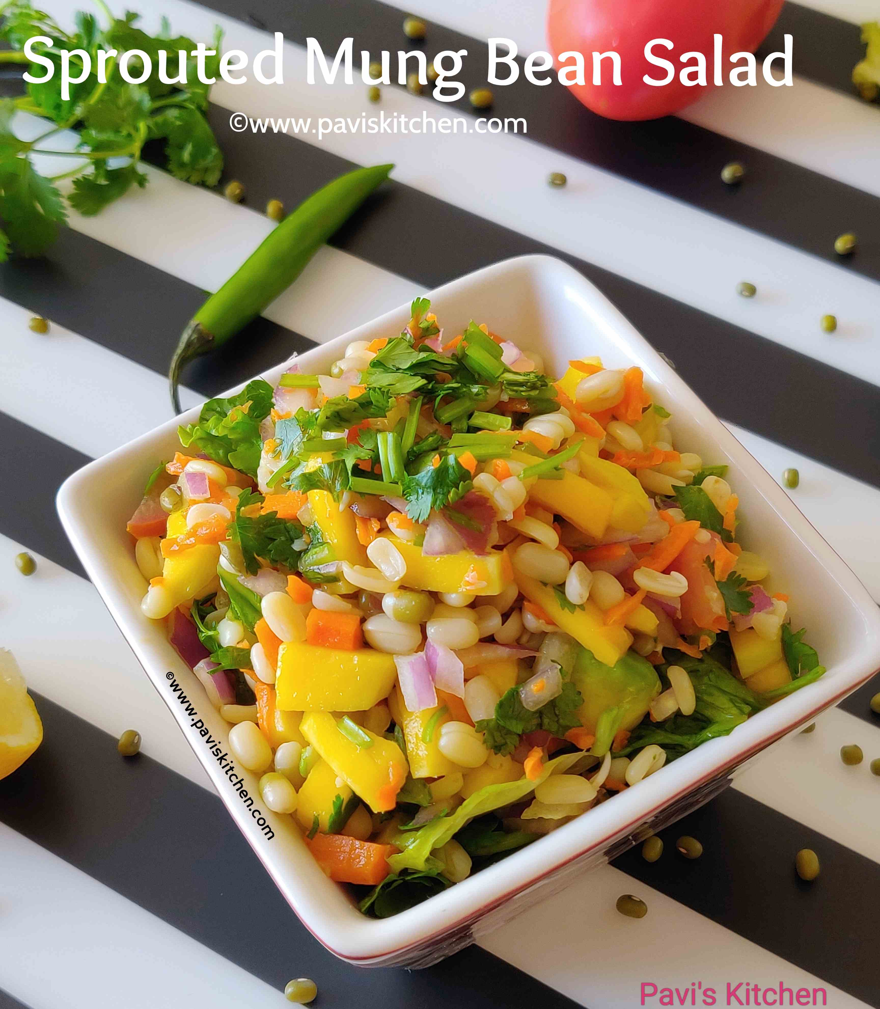 Sprouted mung bean salad with rainbow veggies - Indian recipe