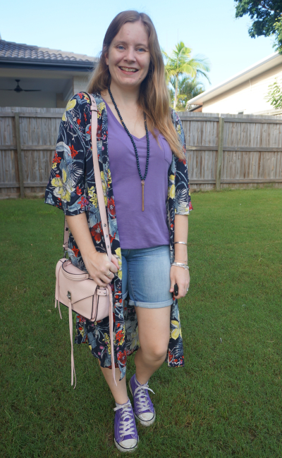 pink and purple denim shorts and tee outfit with Converse and tropical floral print duster blush Darren bag | awayfromblue