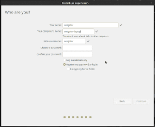 LinuxMint19 Tara installation slide User Creation and set password