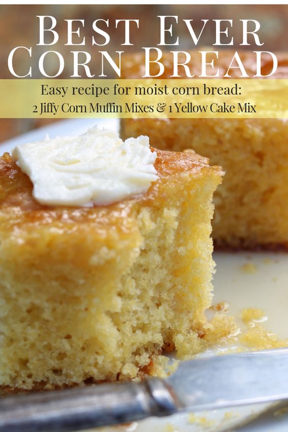 A super moist and delicious corn bread recipe that is made with 2 Jiffy Corn Muffin Mixes and 1 Yellow Cake Mix. This is the EASY cornbread recipe you have been looking for. It is foolproof and will always turn out! #cornbread #cakemix #jiffy