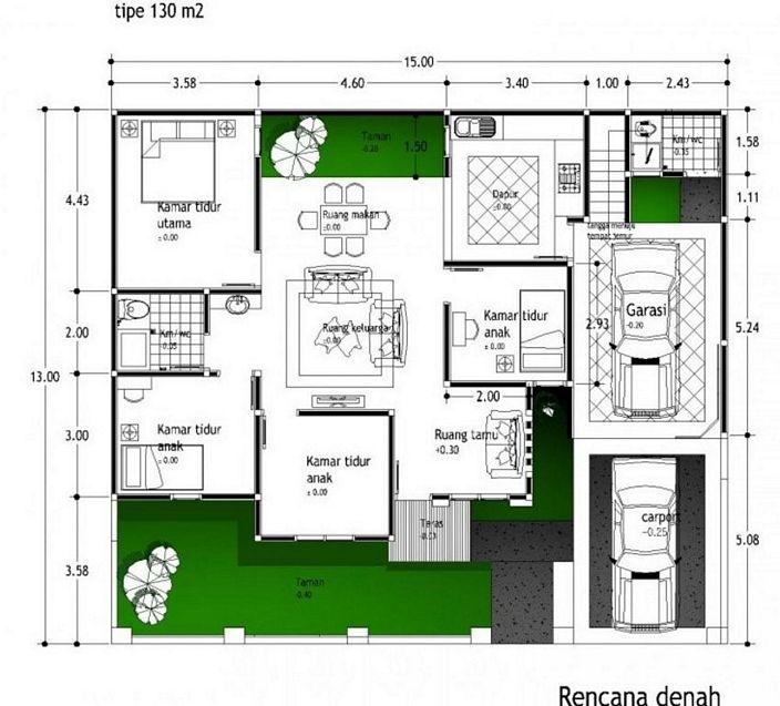 denah rumah luas tanah 400m modern