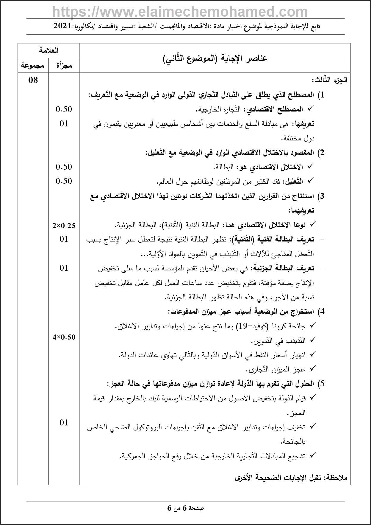 امتحان مادة الاقتصاد والمناجمنت