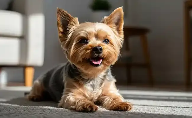 Cachorro sorrindo com linguagem corporal relaxada em ambiente familiar, demonstrando sinais claros de felicidade canina