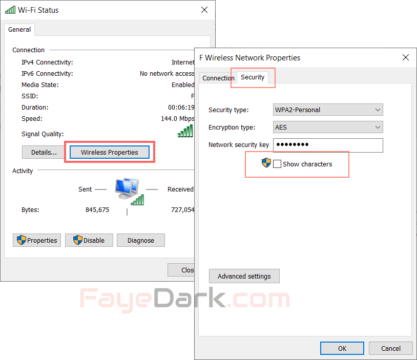 chuyển đến tab Security, nhấp vào Show Characters để xem mật khẩu Wi-Fi