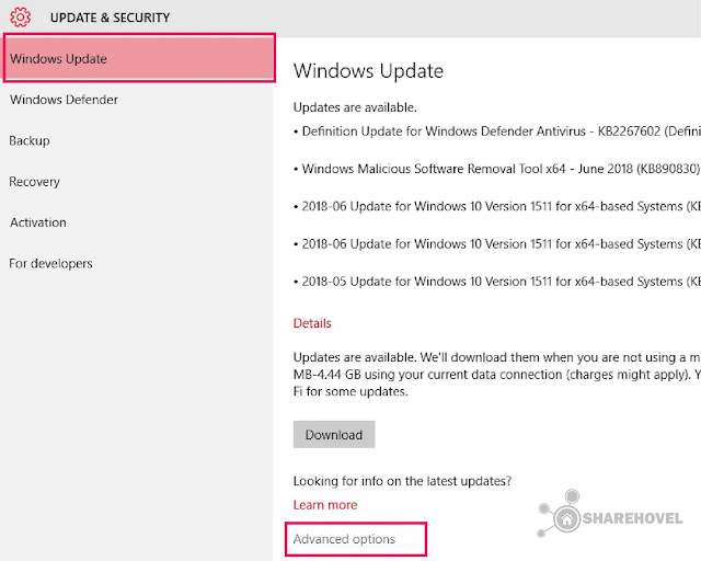 Windows Update Advanced Options - Cara Mudah Mematikan Windows Auto Update di Windows 10 - by sharehovel