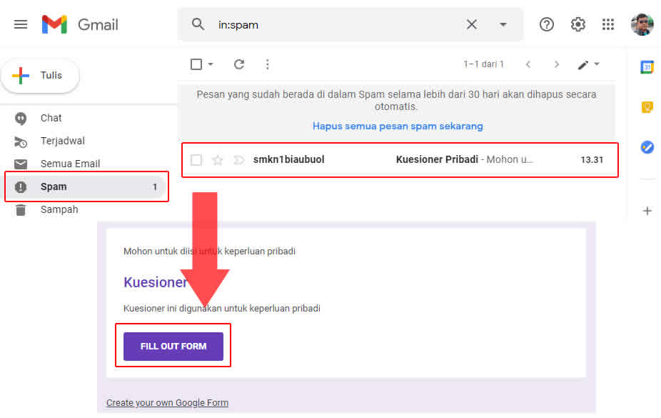 link google form di terima di email