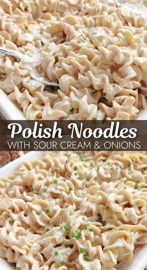 Polish Noodles with Sour Cream & Onions! A simple homemade side dish recipe with egg noodles, sauteed onions and a simple sour cream sauce very much like Beef Stroganoff or Noodles Romanoff.