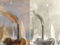 A comparison between J. M. W. Turner's The Fighting Temeraire and James Tibbits Willmore's engraving correcting the painting.