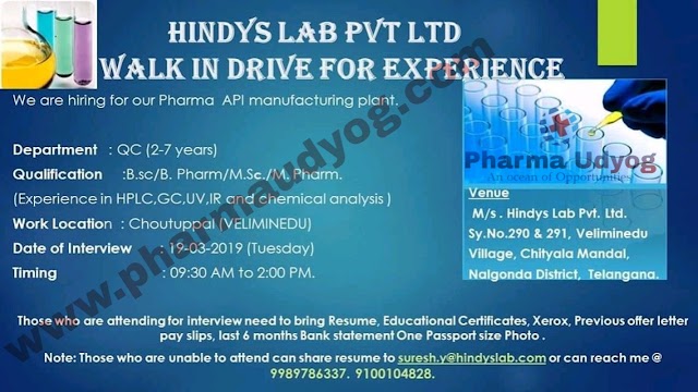 Hyndis Labs | Walk-in for QC | 19 March 2019 | Choutuppal