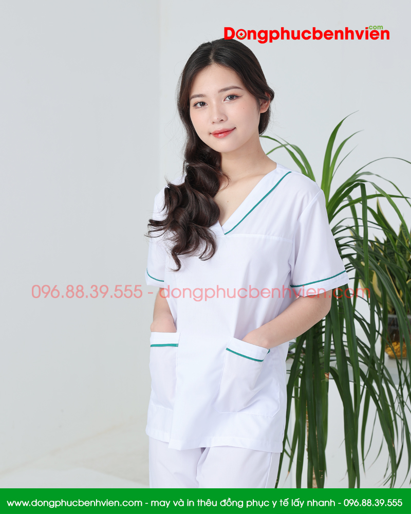 Bộ blouse cổ tim nữ - bộ scrubs kỹ thuật viên màu trắng có viền xanh cộc tay cho bác sỹ, điều dưỡng, dược sỹ
