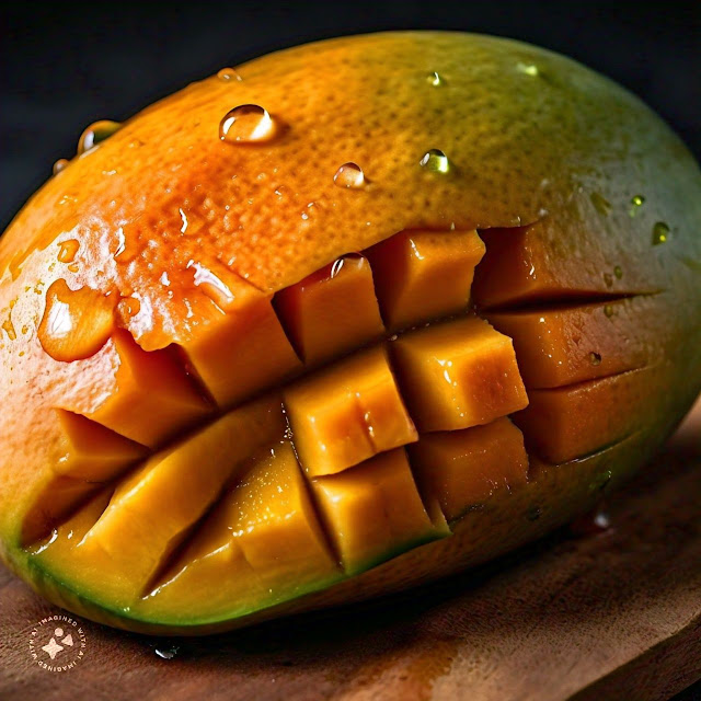 Close-up of fresh mangoes with water droplets on their skin.