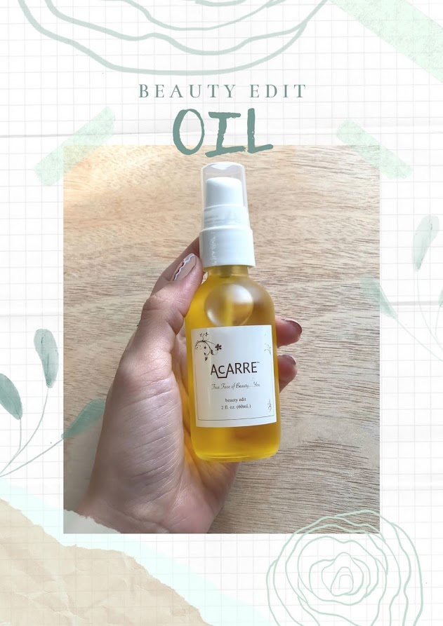 Hand holding dry oil for skin , face care, skincare product by clean brand Acarre, The face of beauty by Acarre, Promo cruelty-free skincare, dry oil for face, minimal skincare routine,