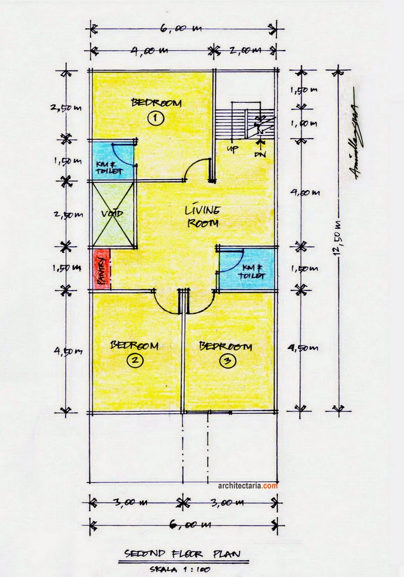 denah rumah 2 lantai kamar mandi didalam