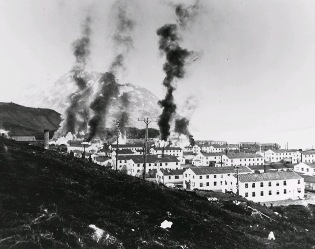 Dutch Harbor on fire, 3 June 1942 worldwartwo.filminspector.com