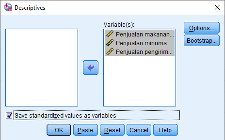 Input Variabel pada kotak dialog Descriptives