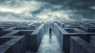 A lone figure stands at the entrance of a vast concrete maze under a stormy sky.