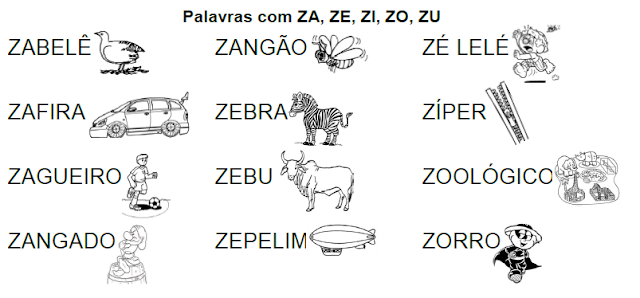 Lista de palavras e desenhos da família silábica ZA-ZE-ZI-ZO-ZU