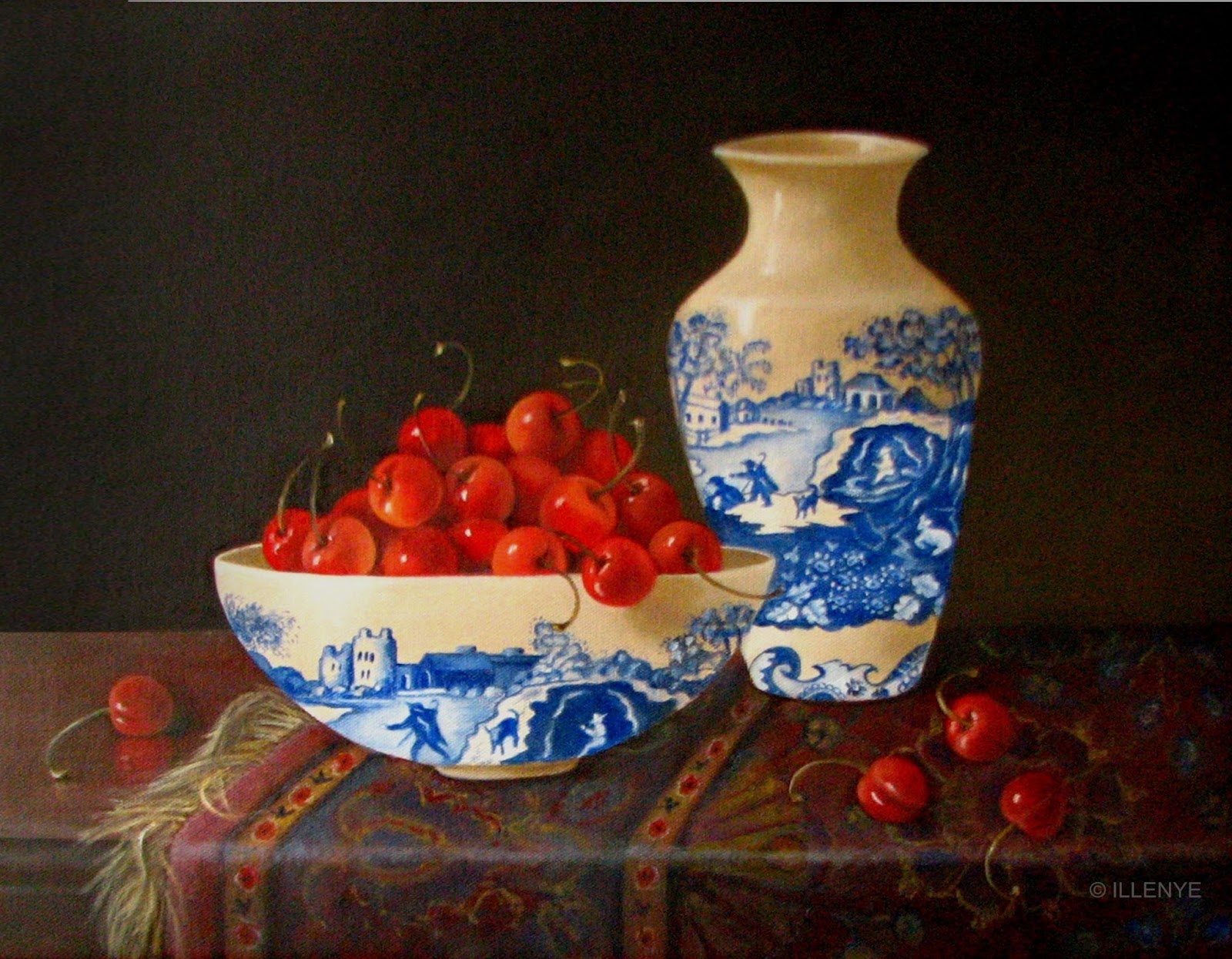 Cherries in Spode Blue Italian Transfewrware Bowl with Vase on Oriental Rug