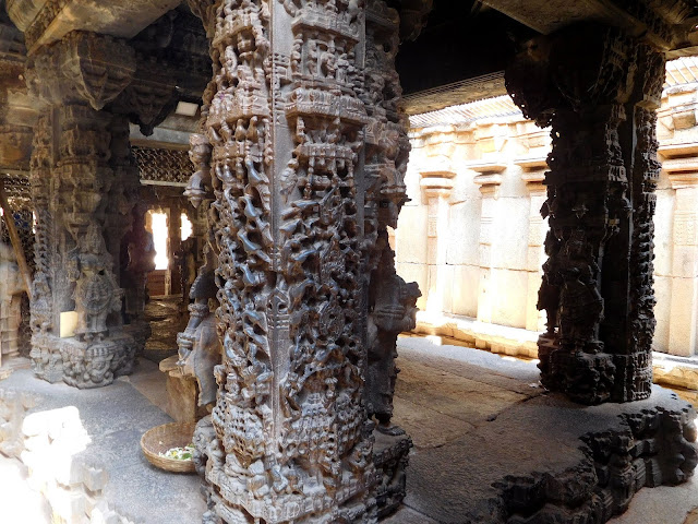 The Uma-Maheshwara shrine of the Bhoga Nandeeshwara Temple, Karnataka,  has a kalyana mantapa (marriage altar) with ornately carved pillars in black stone.