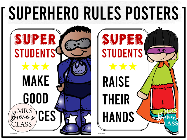 Superhero themed class rules posters set with charts to remind students about the classroom rules and behavior expectations in Kindergarten, First Grade, and Second Grade