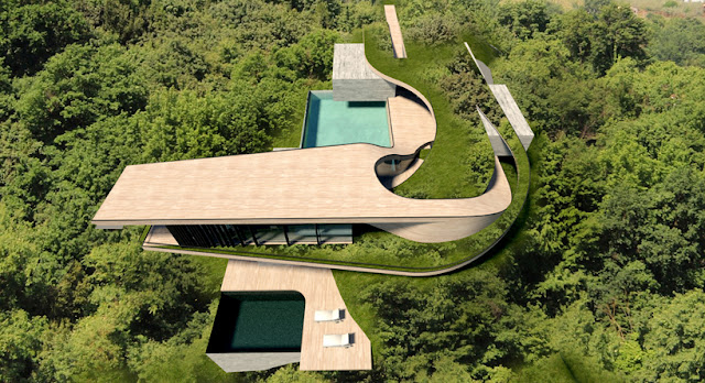 Modern Contemporary House In Bali from the air 
