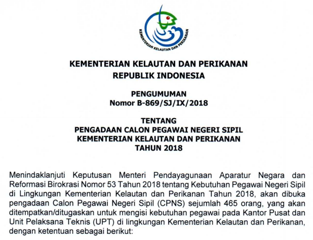  Kepastian penerimaan CPNS di lingkungan Kementerian Kelautan dan Perikanan  PENGUMUMAN CPNS KEMENTERIAN KELAUTAN DAN PERIKANAN (KKP) TAHUN 2018 TERSEDIA FORMASI UNTUK SMK 