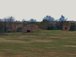 Ancient Roman ruins in the park along the Via Appia in Rome, Italy