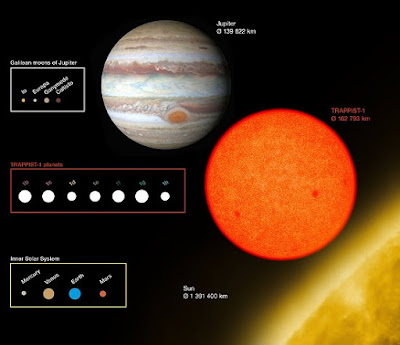  Há pelo menos sete planetas nesta estrela anã superfria e todos eles têm aproximadamente o mesmo tamanho da Terra.[Imagem: NASA/JPL-Caltech]  Sete terras  Astrônomos descobriram um sistema com sete planetas do tamanho da Terra a um pulinho daqui em termos astronômicos - apenas 40 anos-luz de distância.  Usando telescópios no espaço e no solo, os exoplanetas foram todos detectados pela técnica do trânsito planetário, quando passavam em frente da sua estrela progenitora, a estrela anã superfria chamada TRAPPIST-1 - o nome é uma referência ao telescópio usado para descobri-la, o Transiting Planets and Planetesimals Small Telescope.  Três dos planetas situam-se na zona habitável da estrela, com possibilidade de água líquida na superfície, aumentando a possibilidade deste sistema planetário conter vida - nunca tantos planetas promissores haviam sido identificados ao redor de uma única estrela. Os sete pequenos planetas, por enquanto, estão sendo chamados de TRAPPIST-1b, c, d, e, f, g, h - por ordem crescente de distância da estrela.  Os astrônomos utilizaram o telescópio TRAPPIST-Sul instalado no Observatório de La Silla do ESO, o VLT situado no Paranal e o Telescópio Espacial Spitzer da NASA, além de outros telescópios em todo o mundo para confirmar a existência dos sete planetas - não está descartada a possibilidade da existência de outros planetas no sistema.  "Trata-se de um sistema planetário extraordinário - não apenas por termos encontrado tantos planetas, mas porque todos eles são surpreendentemente parecidos com a Terra em termos de tamanho!" comemorou Michaël Gillon, da Universidade de Liège, na Bélgica.   Este diagrama compara as órbitas dos exoplanetas em torno da estrela vermelha TRAPPIST-1 com as órbitas dos satélites galileanos de Júpiter e o Sistema Solar interior. [Imagem: ESO/O. Furtak] Estrela TRAPPIST-1  Com apenas 8% da massa do Sol, a TRAPPIST-1 é muito pequena em termos estelares, apenas um pouco maior que o planeta Júpiter. Por isso, apesar de se encontrar próxima de nós, na constelação de Aquário, ela é muito fraca para ser vista a olho nu. Para os telescópios, por outro lado, isto é uma ótima notícia, já que eles não são tão ofuscados pelo brilho como ocorre na observação de estrelas mais brilhantes.  "A energia emitida por estrelas anãs como a TRAPPIST-1 é muito menor do que a liberada pelo nosso Sol e por isso os planetas têm que ocupar órbitas muito mais próximas da estrela do que as que observamos no Sistema Solar para poderem ter água na superfície. Felizmente, parece que este tipo de configuração compacta é exatamente o que observamos em torno de TRAPPIST-1!" disse Amaury Triaud, coautor da descoberta.  Desta forma, o sistema se parece muito mais com Júpiter e suas luas do que com o Sistema Solar inteiro. As órbitas dos planetas não são muito maiores que as apresentadas pelo sistema de satélites galileanos situado em torno de Júpiter, sendo muito menores que a órbita de Mercúrio no Sistema Solar.  A equipe determinou que todos os planetas no sistema são semelhantes à Terra e a Vênus em termos de tamanho, ou ligeiramente menores. As medições de densidade sugerem que pelo menos os seis planetas mais internos têm provavelmente uma composição rochosa.   Este diagrama compara os tamanhos dos exoplanetas em torno da estrela TRAPPIST-1 com os satélites galileanos de Júpiter e o Sistema Solar interior. [Imagem: ESO/O. Furtak] Zona habitável  O pequeno tamanho da TRAPPIST-1, assim como a sua temperatura baixa, significam que a emissão de energia dirigida aos seus planetas é semelhante à recebida pelos planetas internos do nosso Sistema Solar; os planetas TRAPPIST-1c, d, f recebem quantidades de energia comparáveis às que os planetas Vênus, Terra e Marte, respectivamente, recebem do Sol.  Os sete planetas podem potencialmente conter água líquida em sua superfície, apesar de as distâncias orbitais tornarem alguns candidatos mais prováveis a esta condição do que outros. Os modelos climáticos sugerem que os planetas mais internos, TRAPPIST-1b, c, d, são provavelmente muito quentes para possuírem água líquida, exceto talvez numa pequena fração das suas superfícies. A distância orbital do planeta mais exterior do sistema, TRAPPIST-1h, ainda não foi confirmada, embora ele pareça encontrar-se muito afastado e frio para poder conter água líquida - assumindo que não ocorra nenhum processo de aquecimento alternativo.  Já os planetas TRAPPIST-1e, f, g representam o "santo graal" para os astrônomos que procuram planetas, uma vez que orbitam na zona habitável da estrela e poderão conter água em suas superfícies.  FONTE: ESO  Bibliografia:  Seven temperate terrestrial planets around the nearby ultracool dwarf star TRAPPIST-1 Michael Gillon et al. Nature Vol.: 542, 456-460 DOI: 10.1038/nature21360