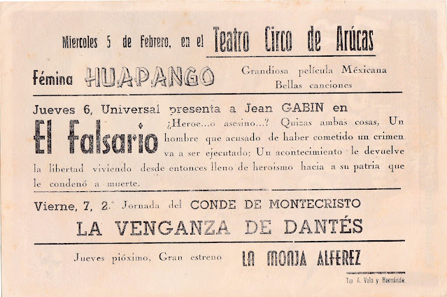 EL FALSARIO. Programa de mano, dorso: 9 x 13,5 cms. España. Imprenta: Tip. A. Vela y Hernández. EL FALSARIO. The Impostor. 1944. Estados Unidos. Dirección: Julien Duvivier. Reparto: Jean Gabin, Richard Whorf, Allyn Joslyn, Ellen Drew, Peter van Eyck, Ralph Morgan, Eddie Quillan, John Qualen, Dennis Moore, Milburn Stone, John Philliber, Charles McGraw, Otho Gaines, John Forrest, Fritz Leiber.